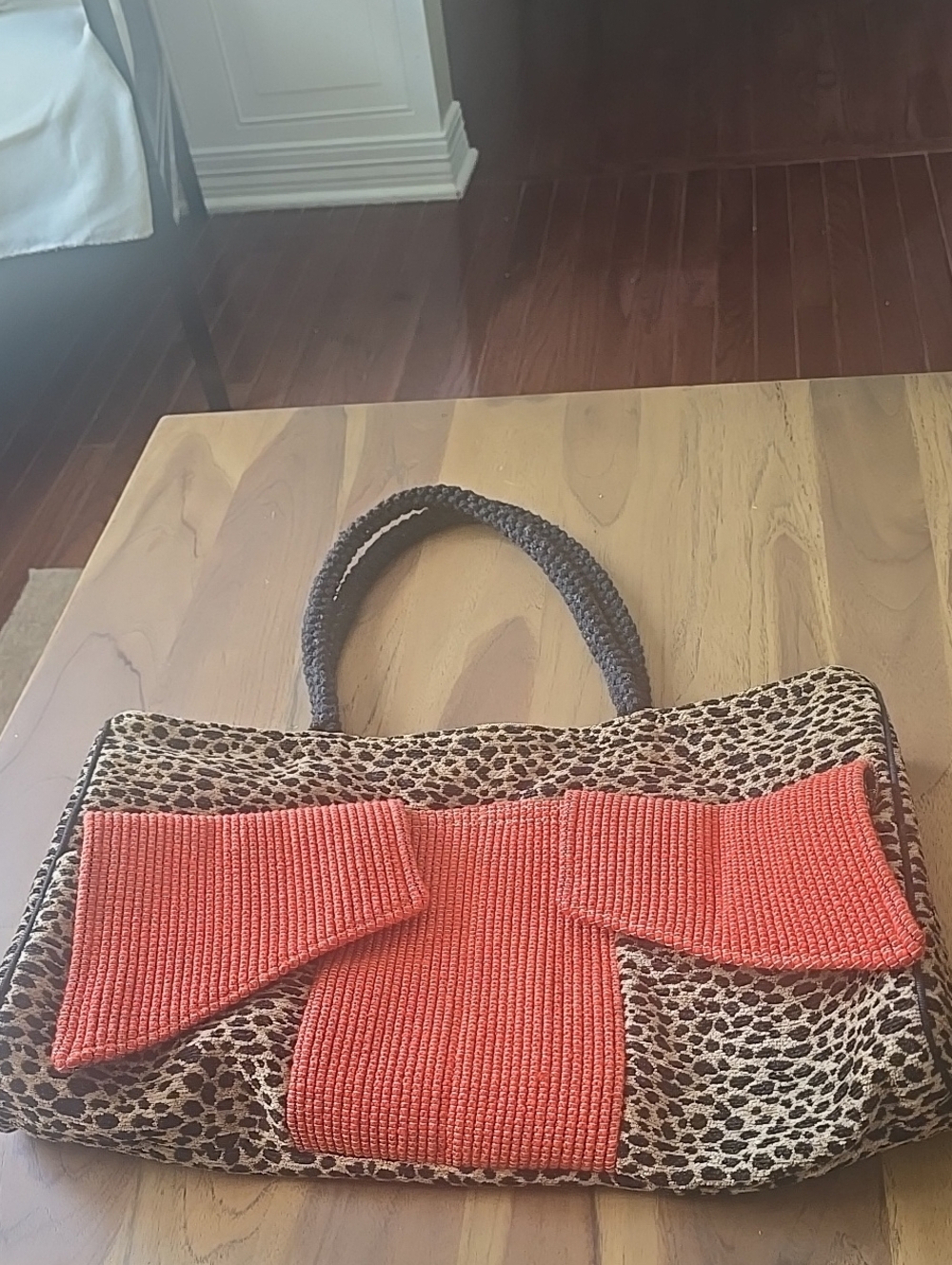 Woven Leopard-Print Tote with Coral Accent